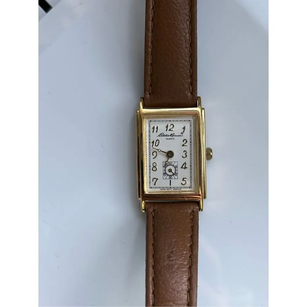 1980s Eddie Bauer For Gruen Tank Watch Leather Strap Vintage Wristwatch - Picture 1 of 8